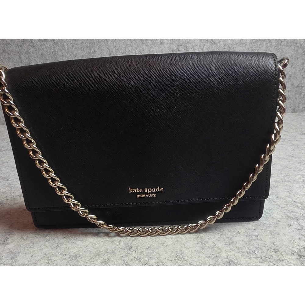 Kate Spade New York Madison Flap Shoulder Bag Black Saffiano Leather Gold Chain